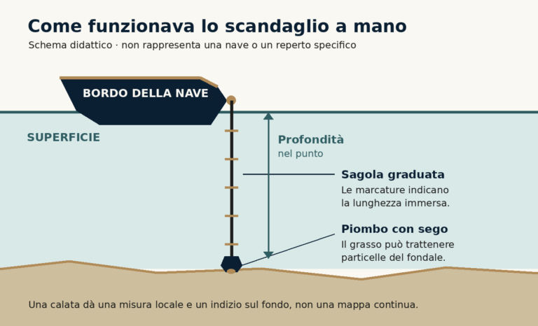 Schema dello scandaglio a mano: una sagola graduata scende dal bordo della nave fino a un piombo con sego sul fondale; una freccia indica la profondità misurata in quel punto.