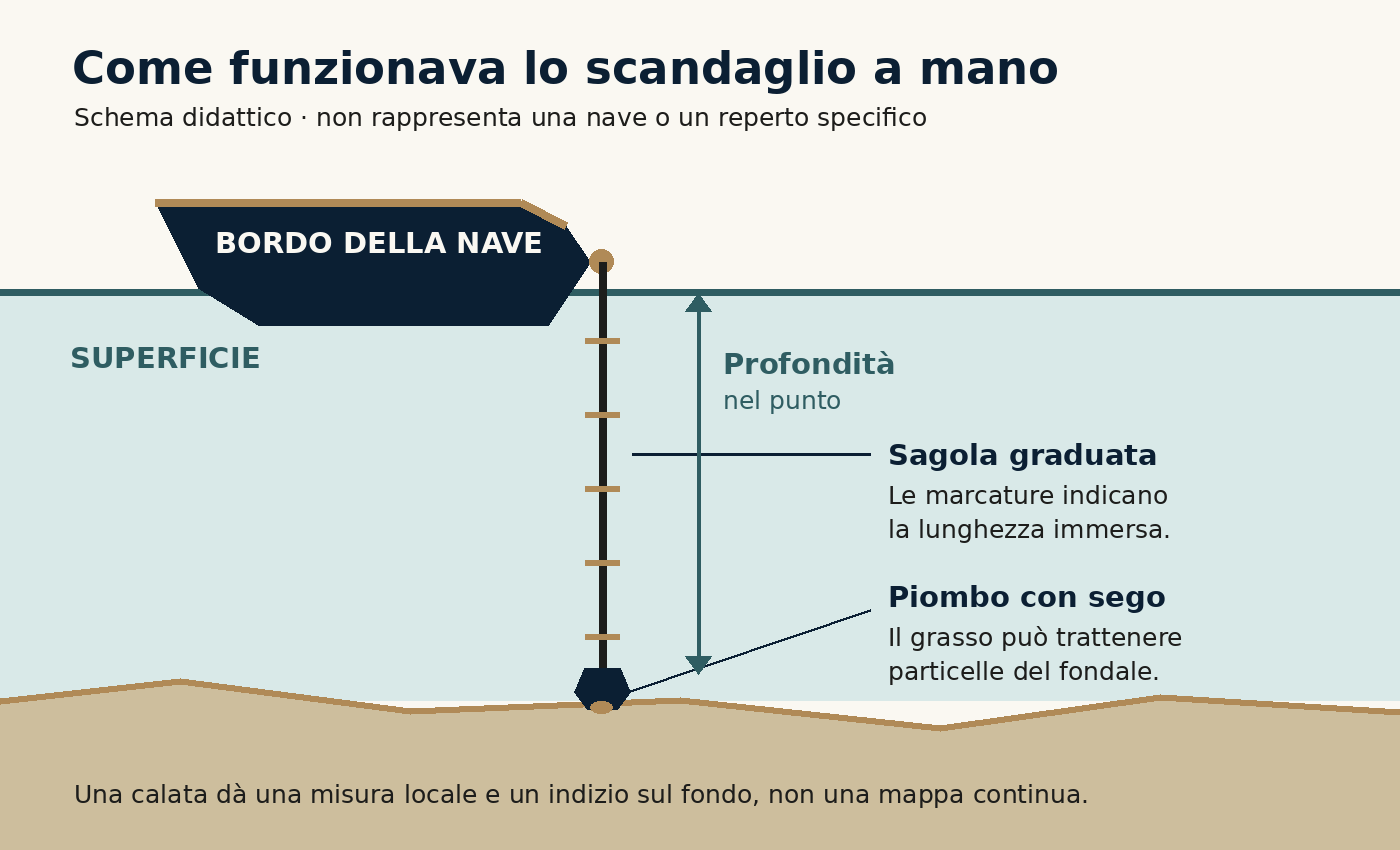 Schema dello scandaglio a mano: una sagola graduata scende dal bordo della nave fino a un piombo con sego sul fondale; una freccia indica la profondit&agrave; misurata in quel punto.